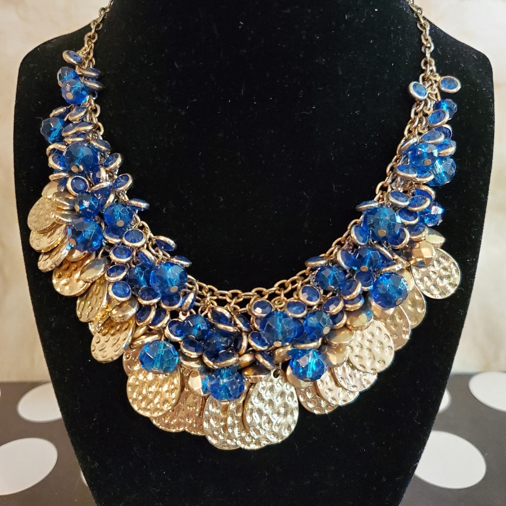 22" blue and gold tone glass bead necklace